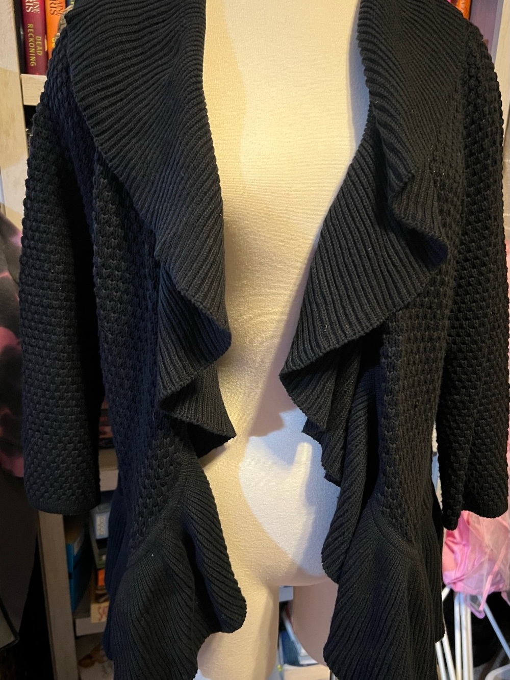 Ruby Rd. Black Ruffled Open-Front Cardigan